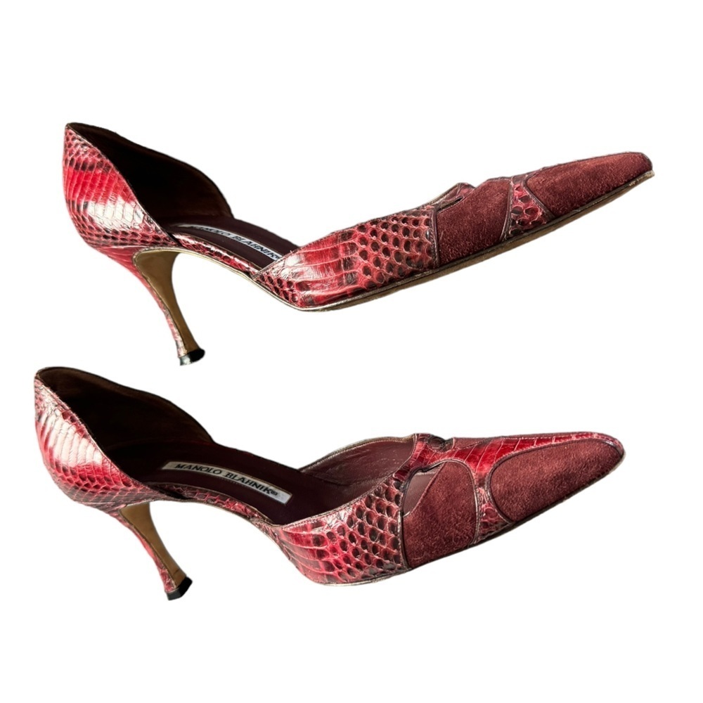 MANOLO BLAHNIK Burgundy D’Orsay Heels Pumps with Suede, Crocodile, Size 8 US​​​ - Picture 7 of 11